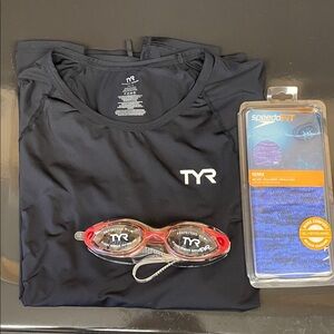 TYR Black rash guard(like new). New swim goggles. New speedo silicone swim cap.